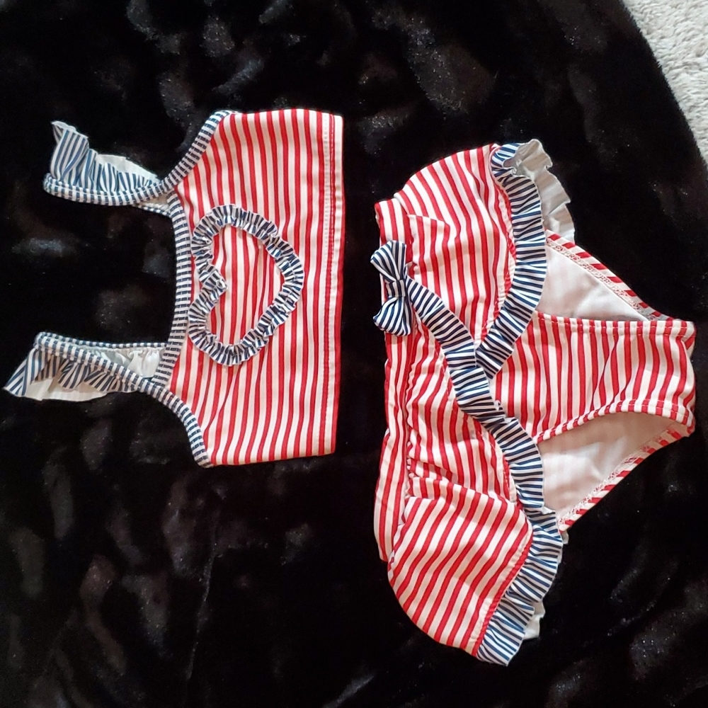 PENELOPE MACK Toddler Red/White/Blue Striped 2-Piece Ruffled Bathing Suit-Sz 3T